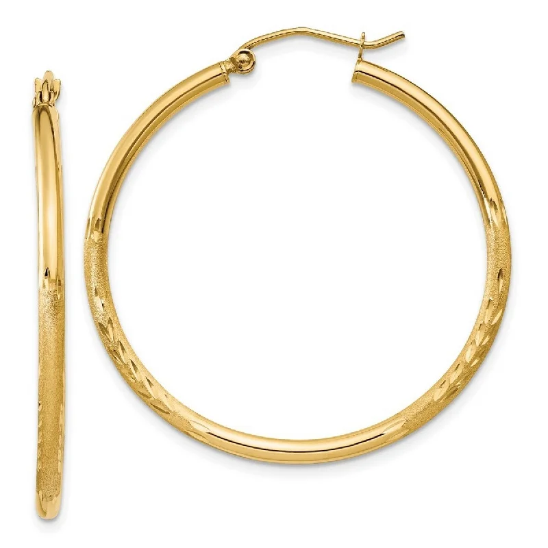 Curata 14k Yellow Gold Satin and Sparkle Cut Round Tube Hoop Earrings - 35x35mm