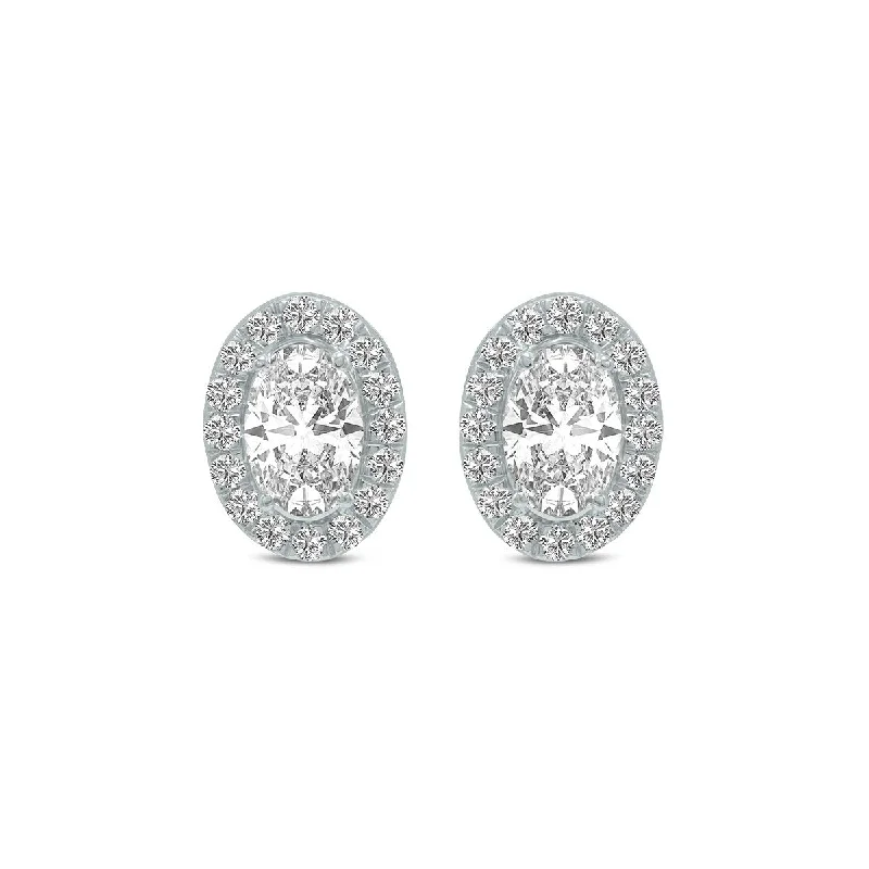 Marquee 1 Carat TW Oval Shape Lab Grown Diamond Halo Earrings in 14K White Gold