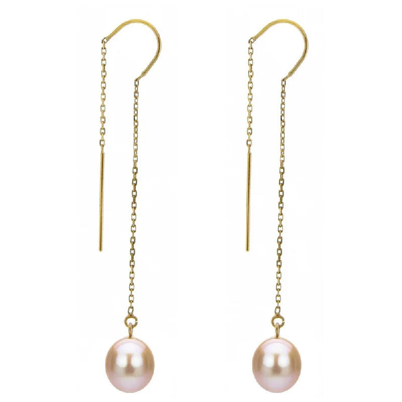 DaVonna 14k Yellow Gold 7-8mm Pink Cultured Freshwater Pearls Cable Chain Hoop Dangle Earrings