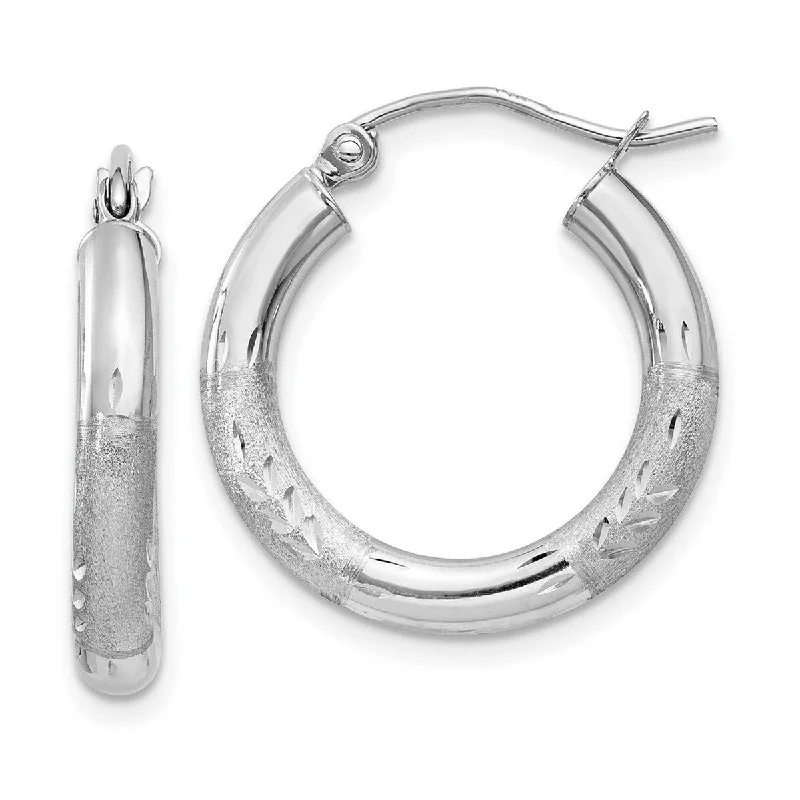 Curata 14k White Gold Satin and Sparkle Cut Round Hoop Earrings - 3mm 20x20mm