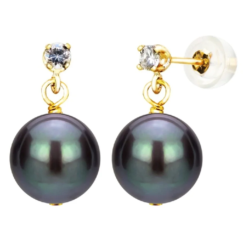 DaVonna 14k Yellow Gold 1/10tcw Diamond 9-10mm Black Freshwater Cultured Pearl Stud Earrings