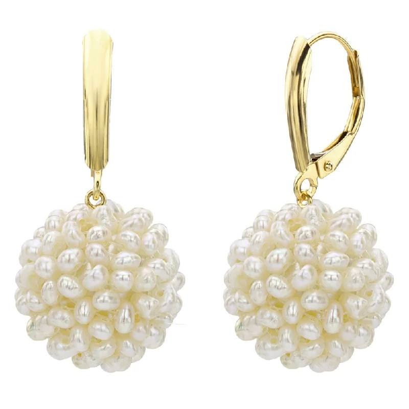 DaVonna 14k Yellow Gold 18-19mm Snowball Design White Freshwater Cultured Pearl Lever-back Earrings