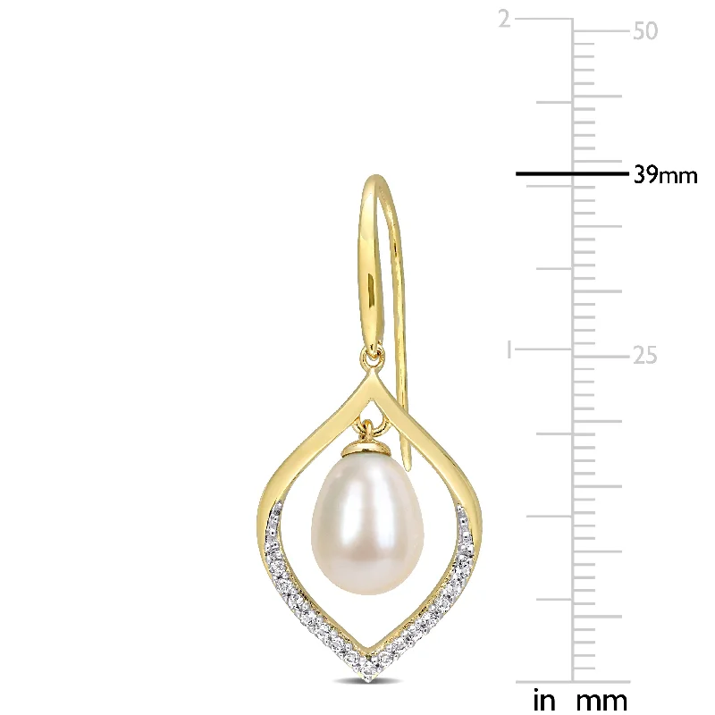 Miadora 8-8.5mm Cultured Freshwater Pearl 1/3ct TGW White Topaz Hook Earrings Yellow Silver