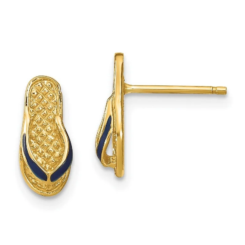 Curata 14k Yellow Gold Blue Enamel Single Flip Flop Post Earrings - 11.8mm