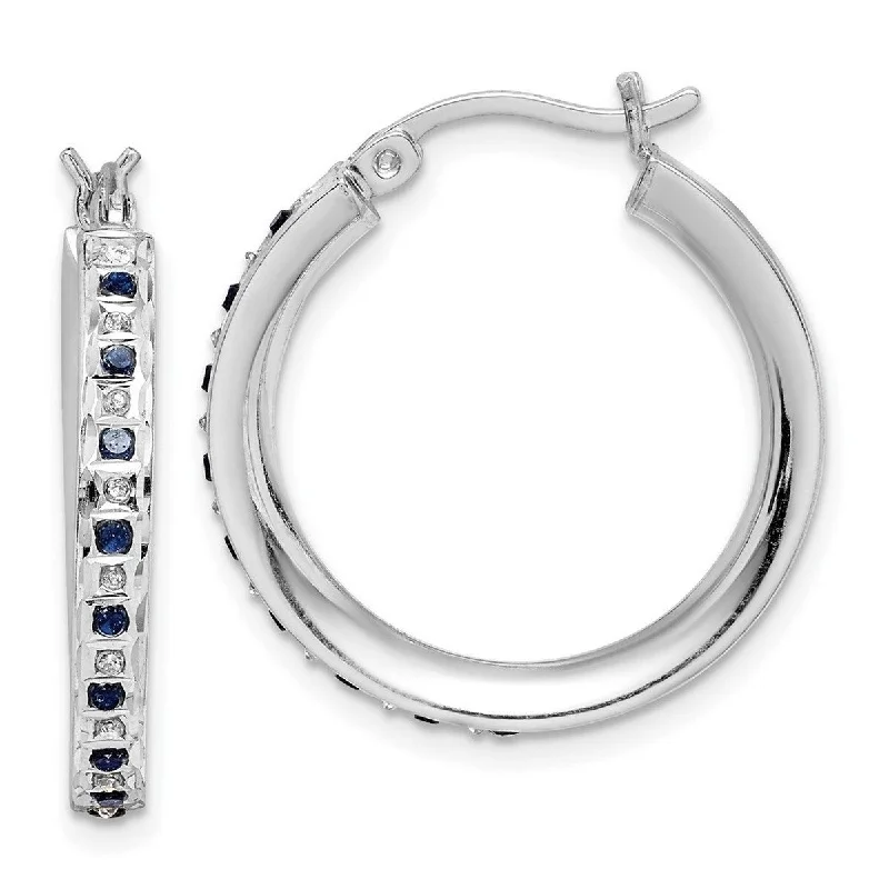 Curata Sterling Silver Diamond and Sapphire Round Hinged Hoop Earrings - 3x25mm