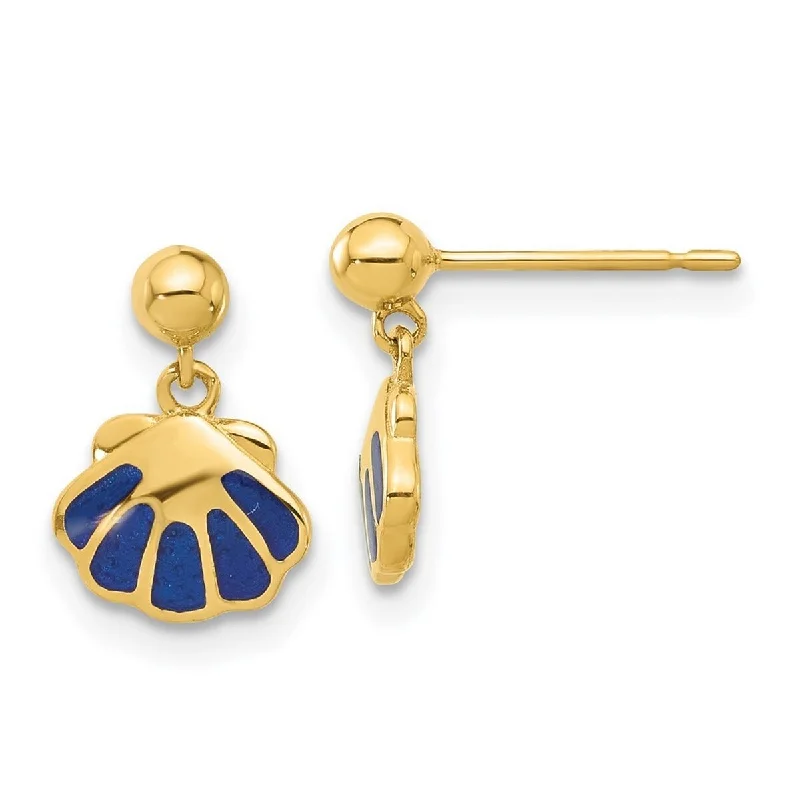 Curata 14k Yellow Gold Polished Blue Enameled Shell Post Guardian Angel Earrings - 11.3x8mm