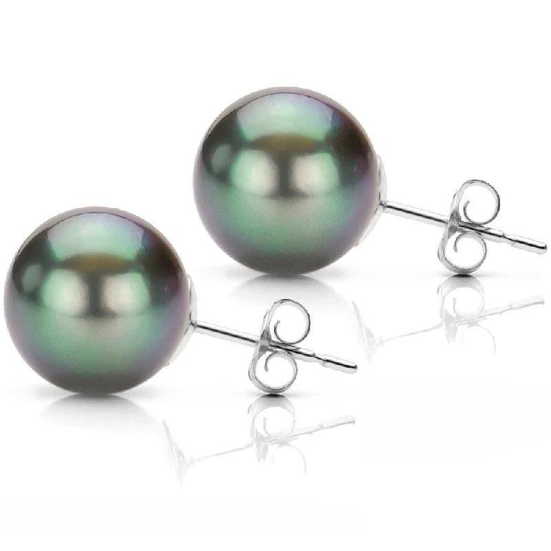 DaVonna Sterling Silver 8-8.5mm Black Round Tahitian Pearl Stud Earrings