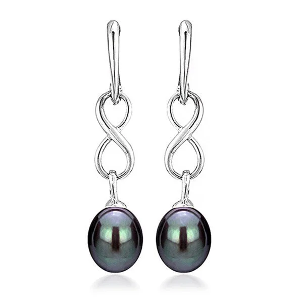 DaVonna Sterling Silver 8.5-9mm Long Shape Black Freshwater Pearl Infinity Dangle Earrings