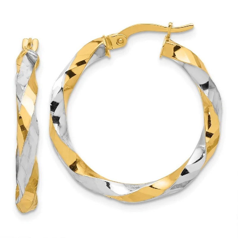 Curata 14k Yellow Gold White Rhodium Polished and Diamond cut Twisted Hoop Earrings - 27.5x26.9mm