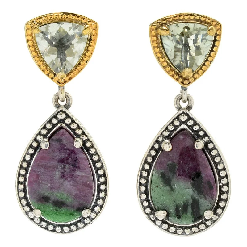 925 Sterling Silver Ruby Zoisite and Green Amethyst Dangle Earrings