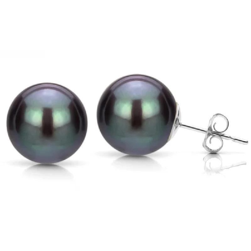 DaVonna 14k White Gold Black Perfect Round Freshwater Pearl Stud Earrings