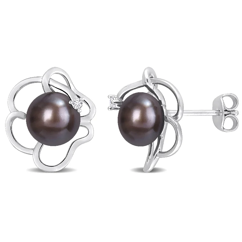 Miadora 7.5-8mm Black Cultured Freshwater Pearl White Topaz Floral Stud Earrings Sterling Silver