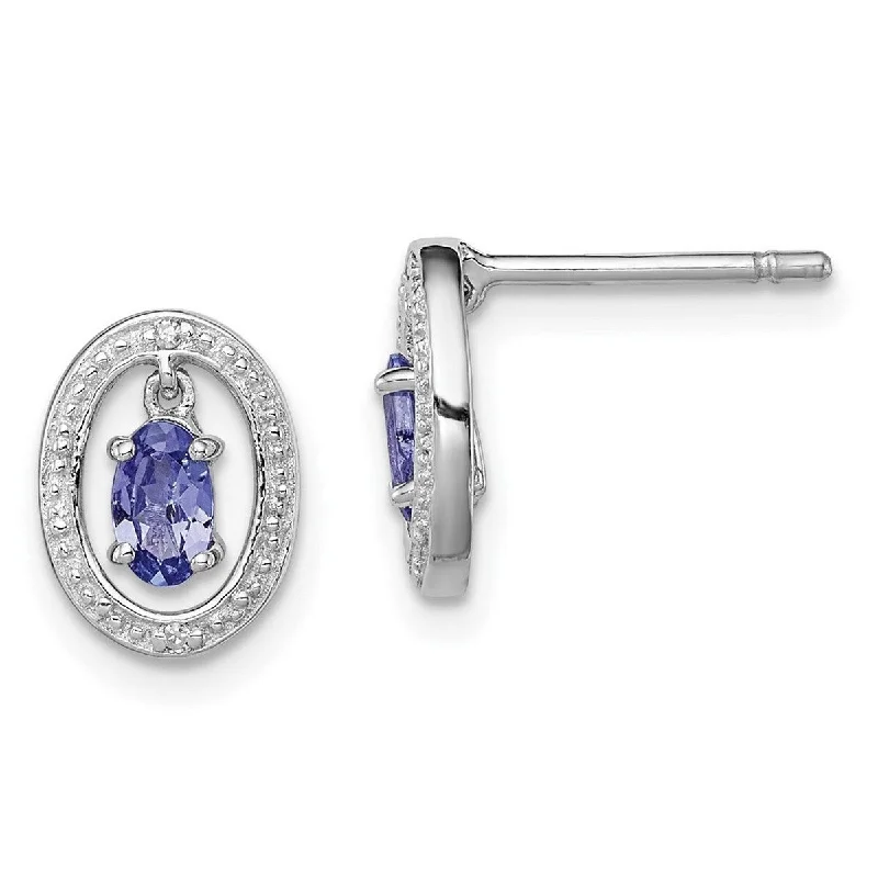 Curata 925 Sterling Silver Polished Rhodium Plated Diamond and Tanzanite Oval Post Earrings - 10x8mm Wide