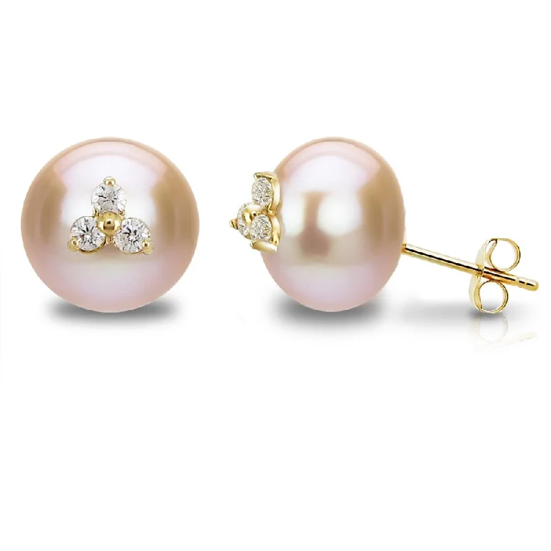 DaVonna 14k Yellow Gold CZ Flower Charms Button Shape 10-10.5mm Pink Freshwater Pearl Stud Earrings