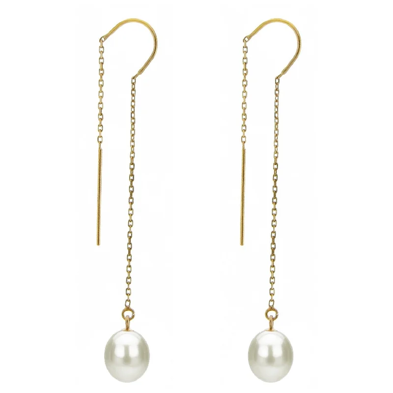 DaVonna 14k Yellow Gold 7-8mm White Cultured Freshwater Pearls Cable Chain Hoop Dangle Earrings