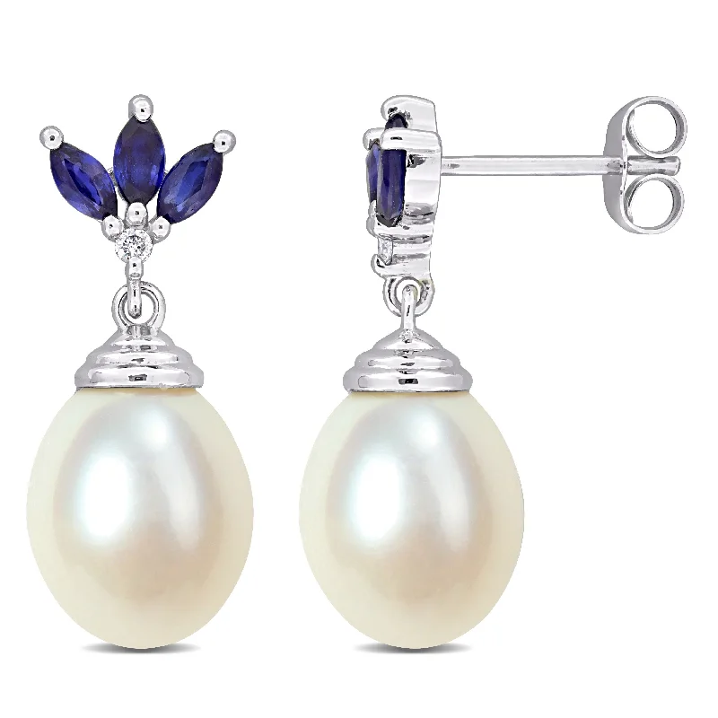 Miadora Cultured Freshwater Pearl 5/8ct TGW Sapphire Diamond Accent Earrings 10k White Gold