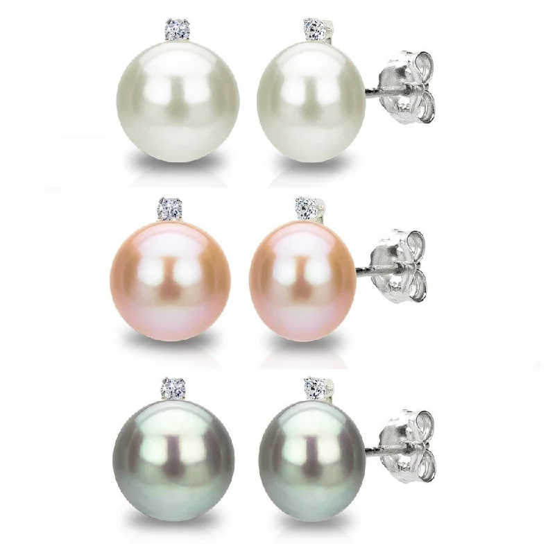 DaVonna Sterling Silver White, Pink and Grey Freshwater Pearl Diamond Stud Earrings Set (8-9 mm)