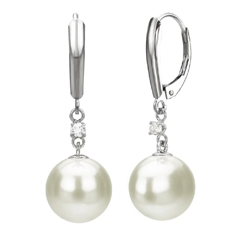 DaVonna 14k White Gold 1/10cttw diamond Freshwater Pearl Lever-back Earrings