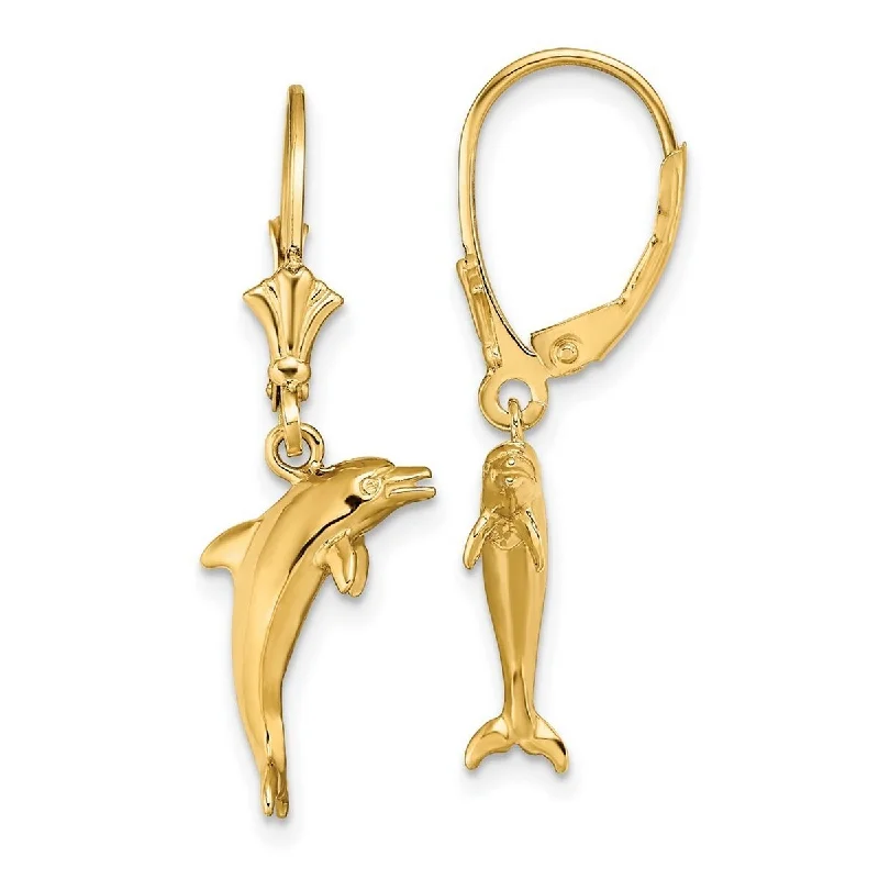 Curata 14k Yellow Gold High Polish 3D Mini Dolphin Jumping Leverback Earrings - 31.2x16mm