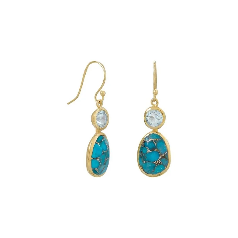 Curata 14k Gold Plated 925 Sterling Silver Simulated Turquoise and Sky Blue Topaz Earrings French Wire