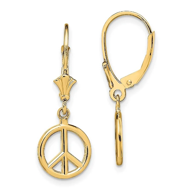 Curata 14k Yellow Gold High Polish 3D Peace Symbol Leverback Earrings - 10.1x10.1mm