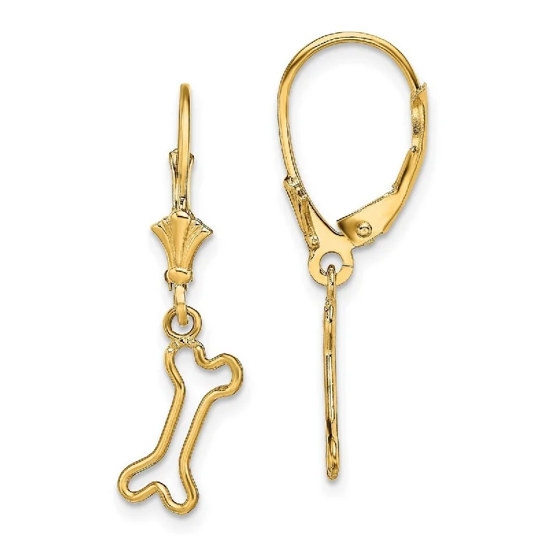 Curata 14k Yellow Gold Mini Animal Pet Dog Bone Leverback Earrings - Cut out and High Polish 29.7x5.8mm