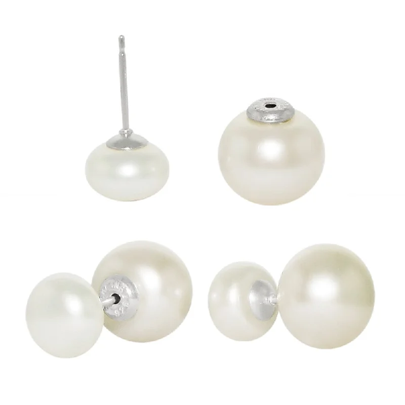 DaVonna Sterling Silver Front and Back Interchangeable 8-8.5mm and 10-11mm White Button Shape Freshwater Pearls Stud Earrings