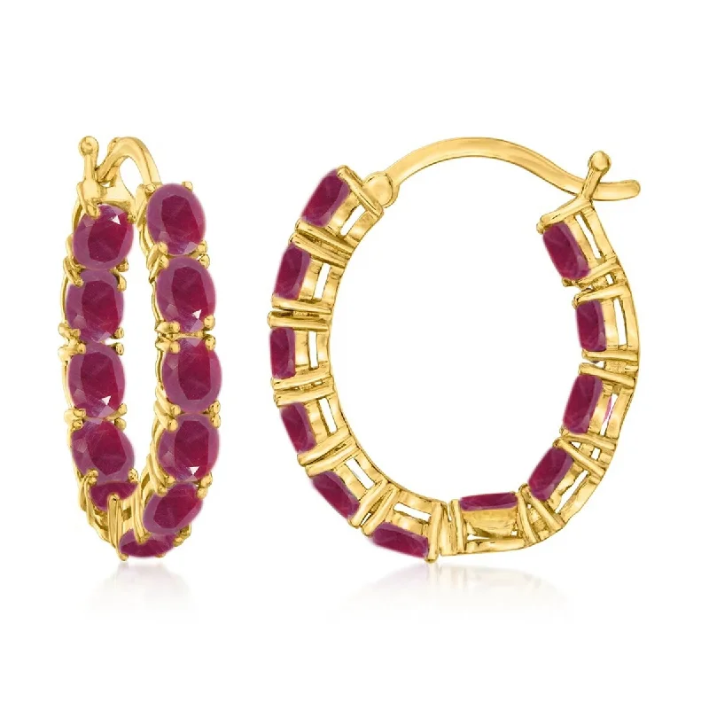 18K Yellow Gold Over Sterling Silver, Indian Ruby Gemstone Hoop Earrings