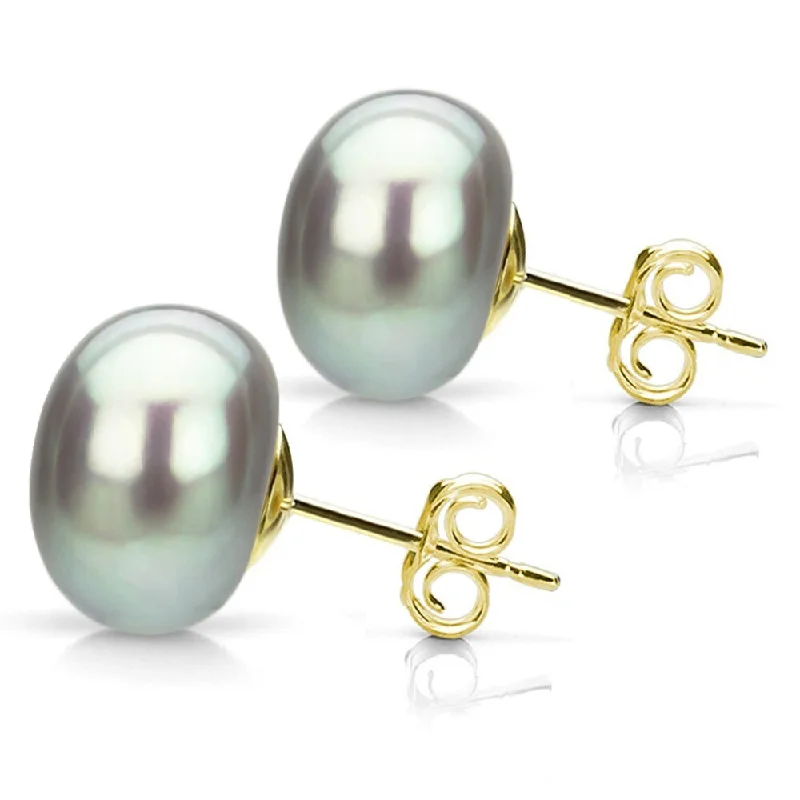 DaVonna 14k Yellow Gold Grey FW Pearl Stud Earrings (9-10 mm)