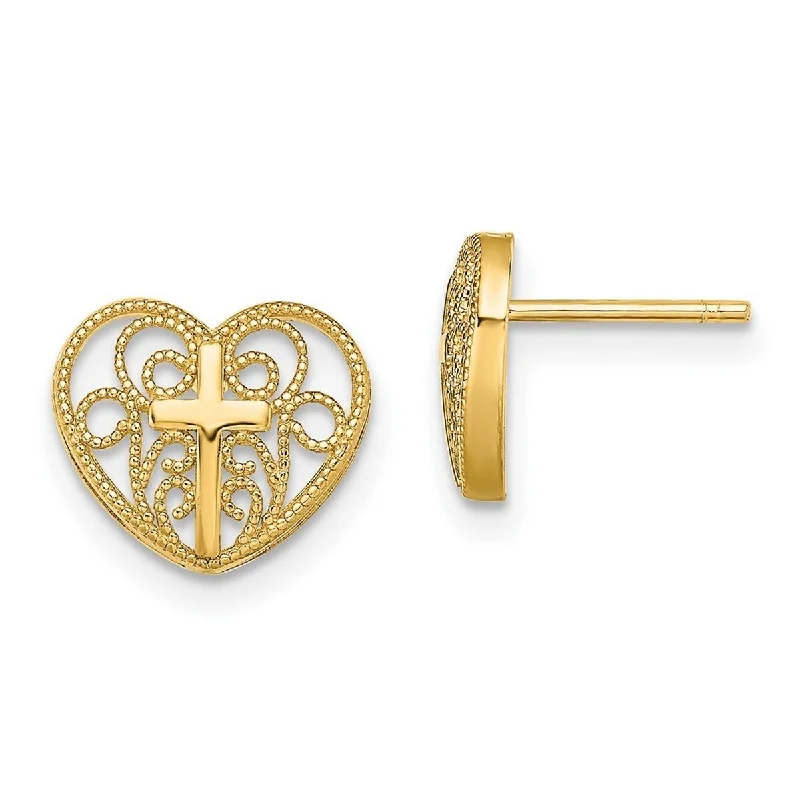 Curata 10.94mm 10k Yellow Gold Love Heart With Cross Post Earrings - 9.44x10.94mm