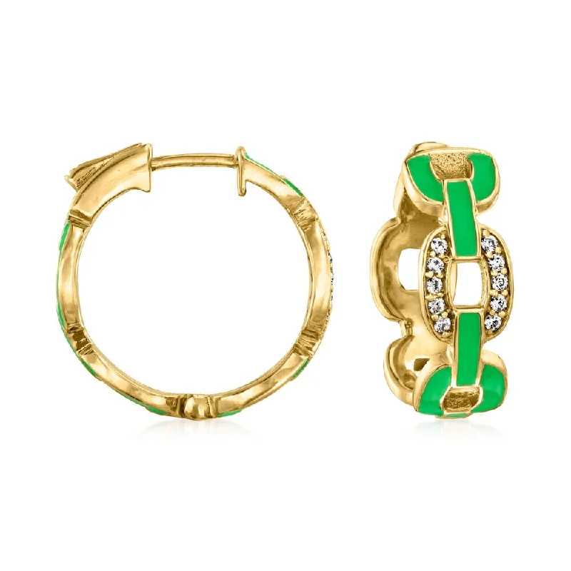 18k Yellow Gold Over Sterling Silver White Zircon and Green Enamel Hoop Earrings