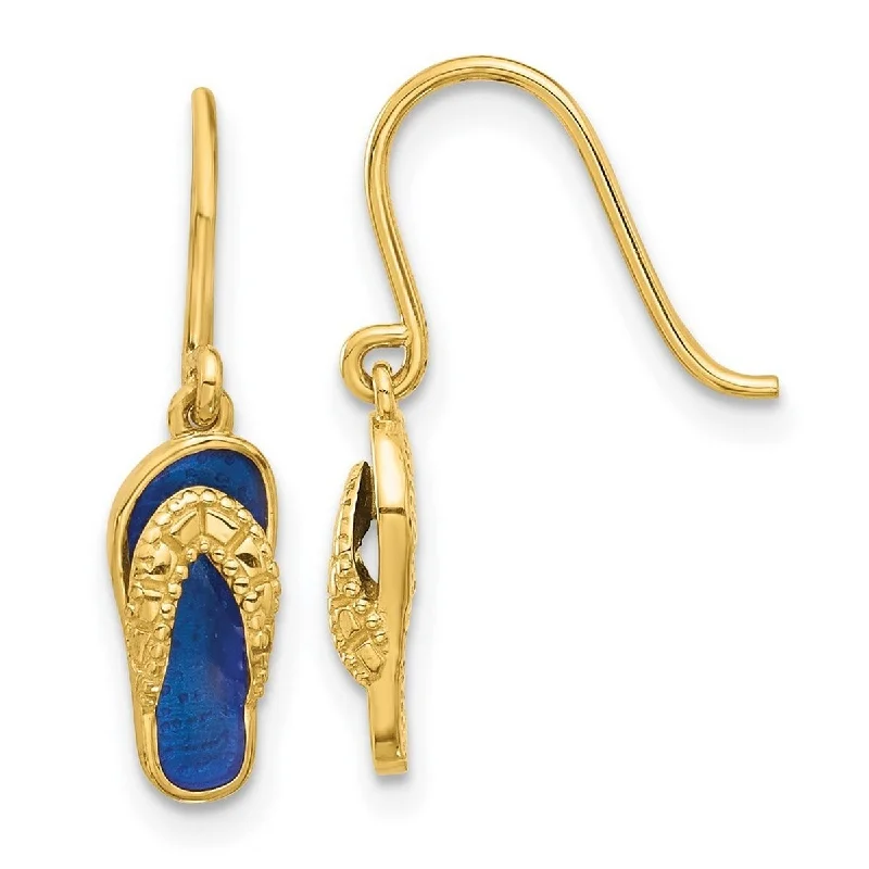 Curata 14k Yellow Gold Polished Blue Enameled Flip Flop Shepherd Hook Dangle Earrings - 22x5.2mm