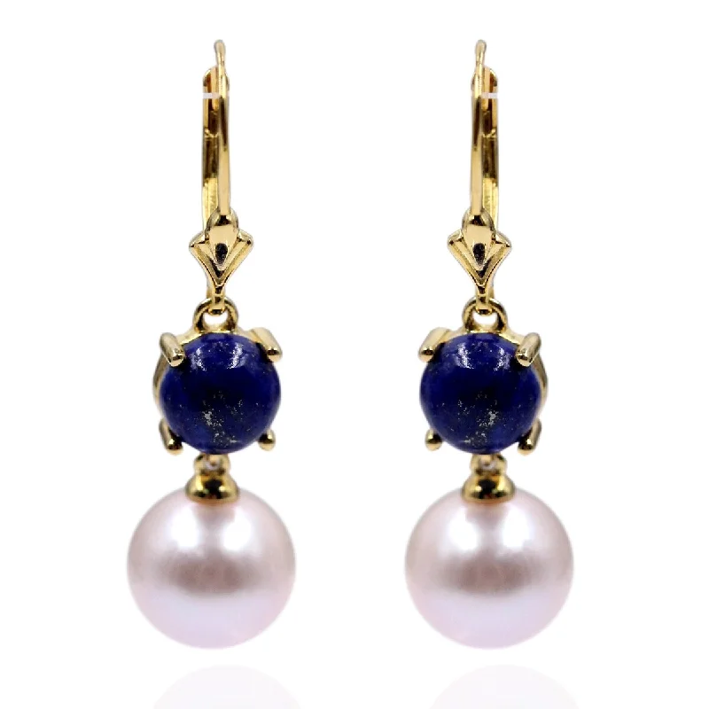 18k Yellow Gold Over Sterling Silver Pearl and Lapis Lazuli Gemstone Drop & Dangle Earrings