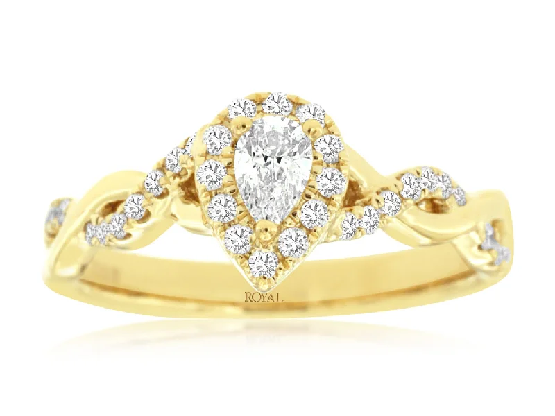 Pear Shaped Diamond Halo Crossover Engagement Ring in 14k Yellow Gold, 0.85cttw