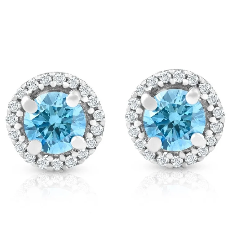 5/8 Ct Halo Blue Lab Grown Diamond Studs White Gold Earrings