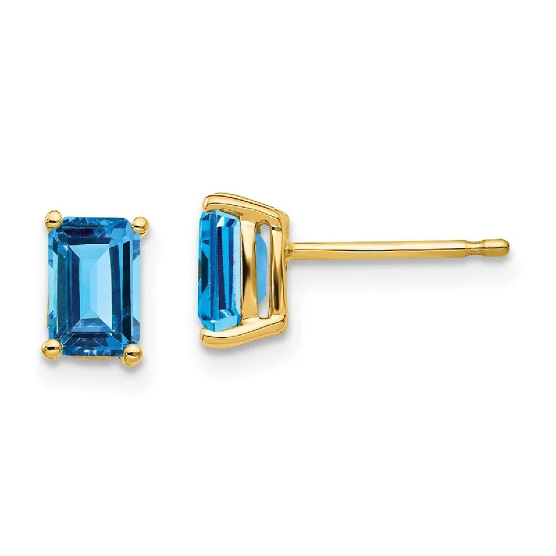 Curata 14k Yellow Gold Post 6x4mm Emerald Cut Blue Topaz Earrings