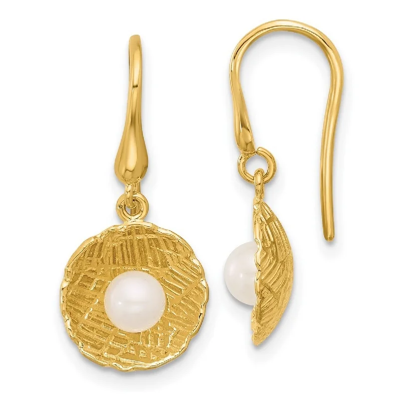 Curata 14k Yellow Gold Freshwater Cultured Pearl and Textured Circle Dangle Earrings 23x10.5mm