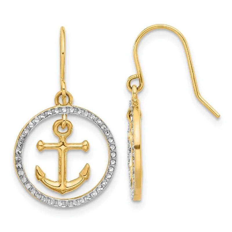 Curata 14k Yellow Gold White Rhodium Diamond cut Ship Anchor Circle Long Drop Dangle Earrings