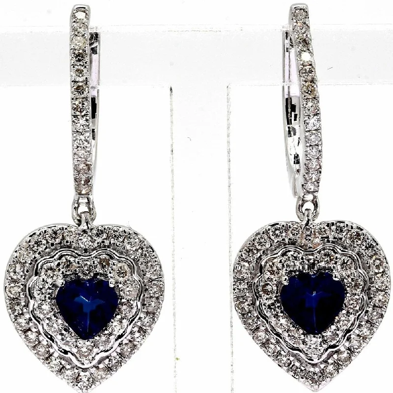 Pompeii3 10k White Gold 1 7/8 ct TW Diamond Dangle Heart Shape Sapphire Hoop Earrings