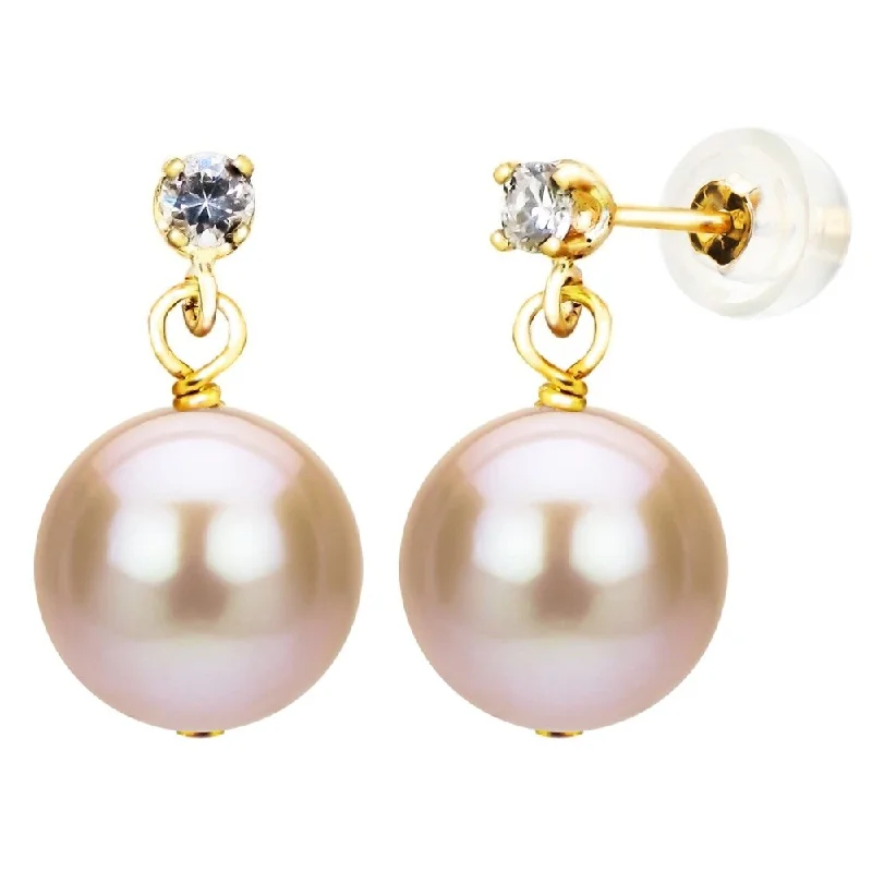 DaVonna 14k Yellow Gold 1/10tcw Diamond 9-10mm Pink Freshwater Cultured Pearl Stud Earrings