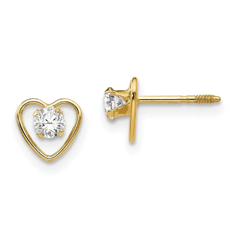 Curata 14k Yellow Gold Polished Screw back Post Earrings 3mm White Zircon Heart for boys or girls Earrings - - 6x6mm