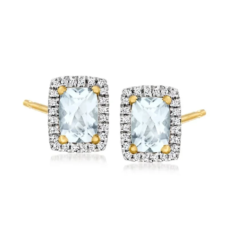 14Kt Solid Gold Aquamarine With H-I Color, I1-I2 Clarity Diamond Stud Earrings