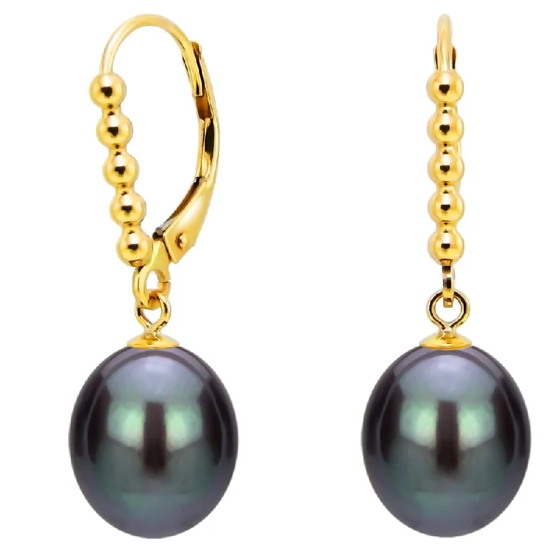 DaVonna 14k Gold 9-10mm Black Freshwater High Luster Long Shape Pearl Beaded Design Lever-back Earrings