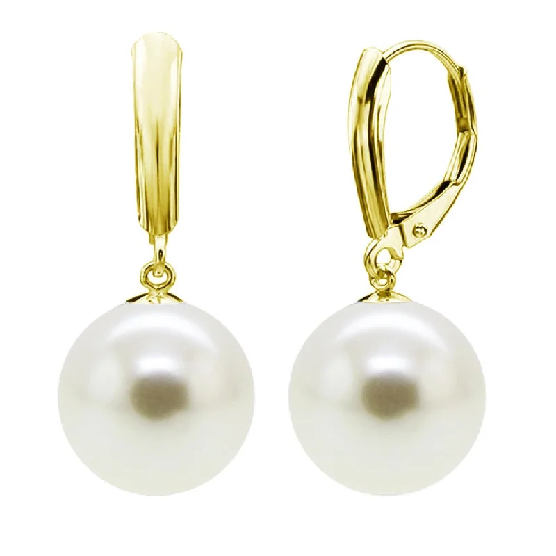 DaVonna 18k Gold over Silver 14mm White Round Shell Pearl Lever-back Earrings