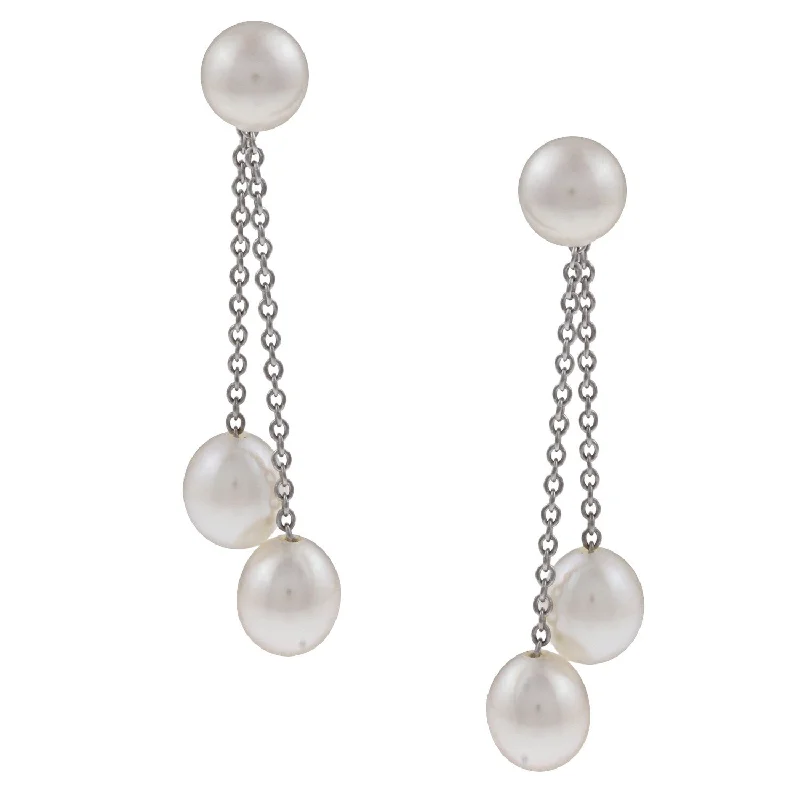 DaVonna Silver Double-Chain and FW Pearl Hangy Earrings (6.5-7 mm)