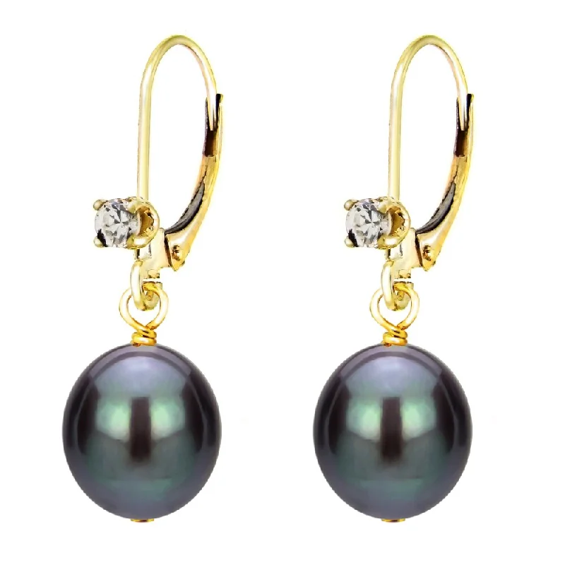 DaVonna 14k Yellow Gold .10tcw CZ Long Shape Black Freshwater Cultured Pearl Lever-back Earrings (8-9mm)