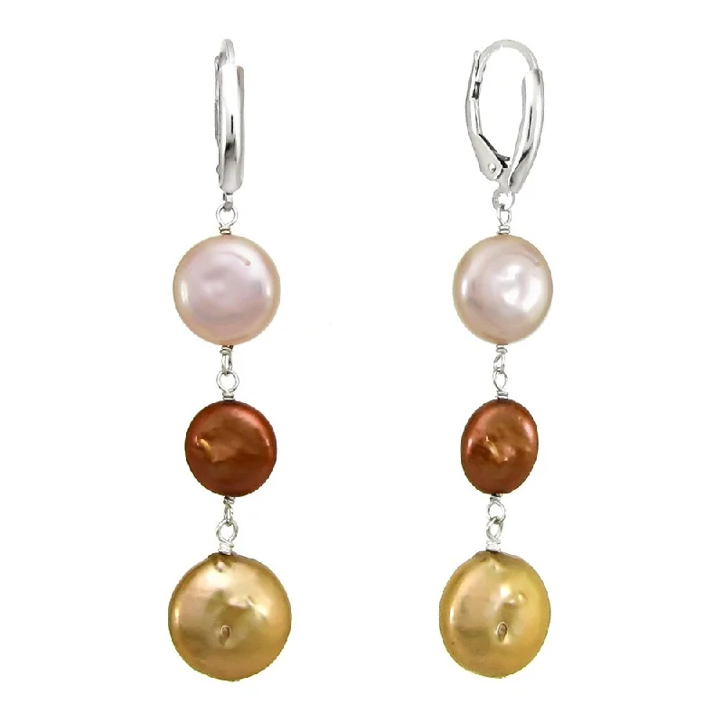 DaVonna Sterling Silver Brown Pink and Gold Coin Pearl Drop Dangle Earrings (9-13 mm)