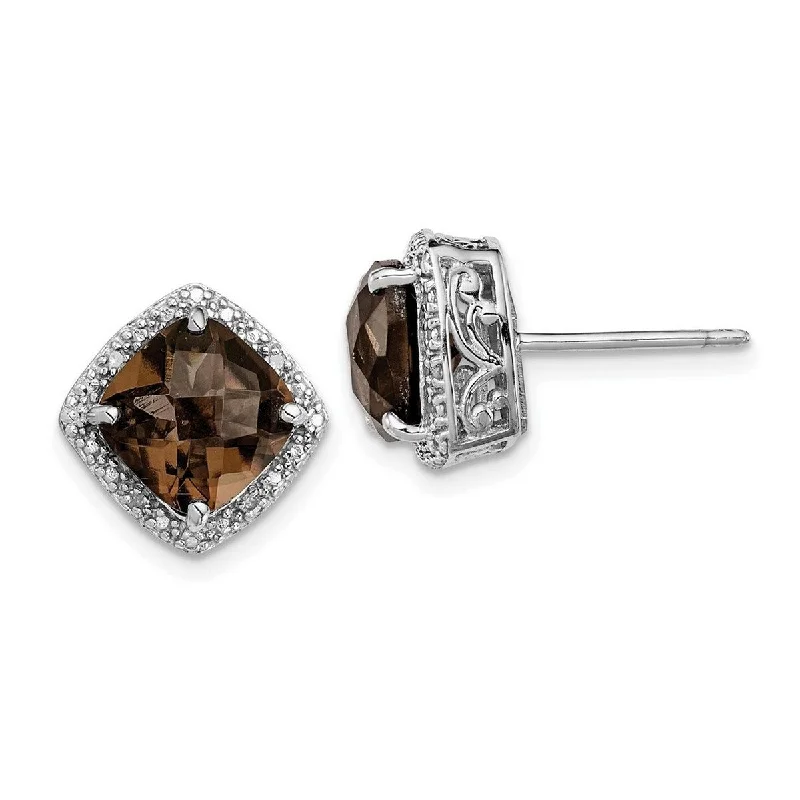 Curata 925 Sterling Silver Polished Post Earrings Smokey Quartz and Diamond Earrings - 13x13mm Wide