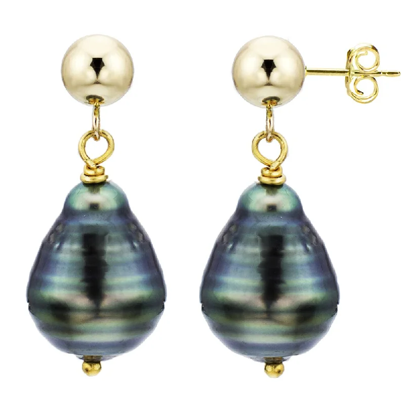 DaVonna 18k Yellow Gold over Silver 8-10mm Off-shape Black Tahitian High Luster Pearl Stud Dangle Earrings