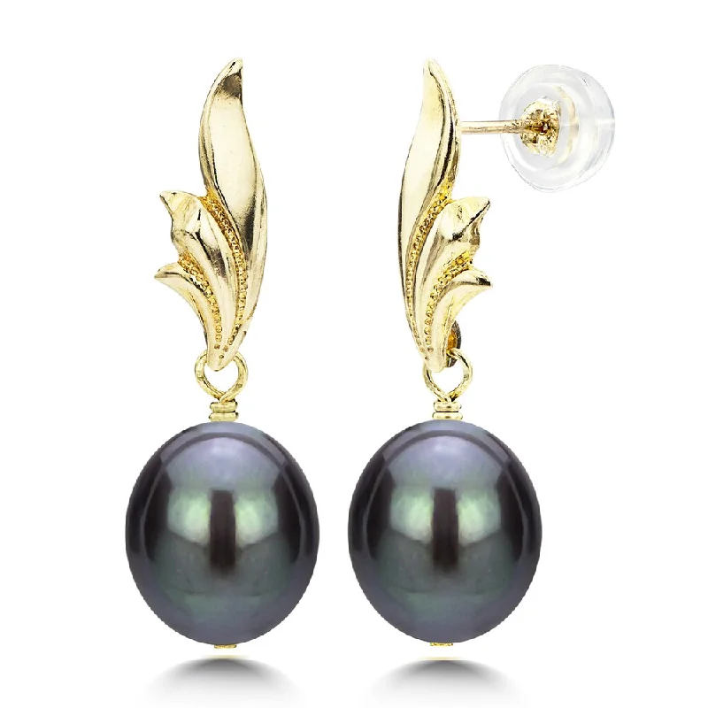 DaVonna 14k Yellow Gold Leaf Shape 8-9mm Long Shape Black Freshwater Cultured Pearl Dangle Stud Earrings